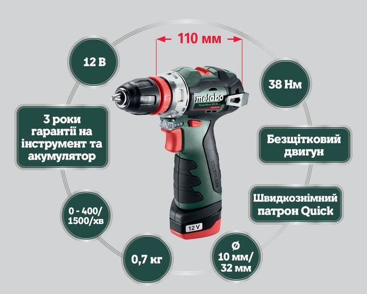 Аккумуляторная дрель-шуруповерт Metabo PowerMaxx BS BL Q 2х2.0 Ач 601749500 фото