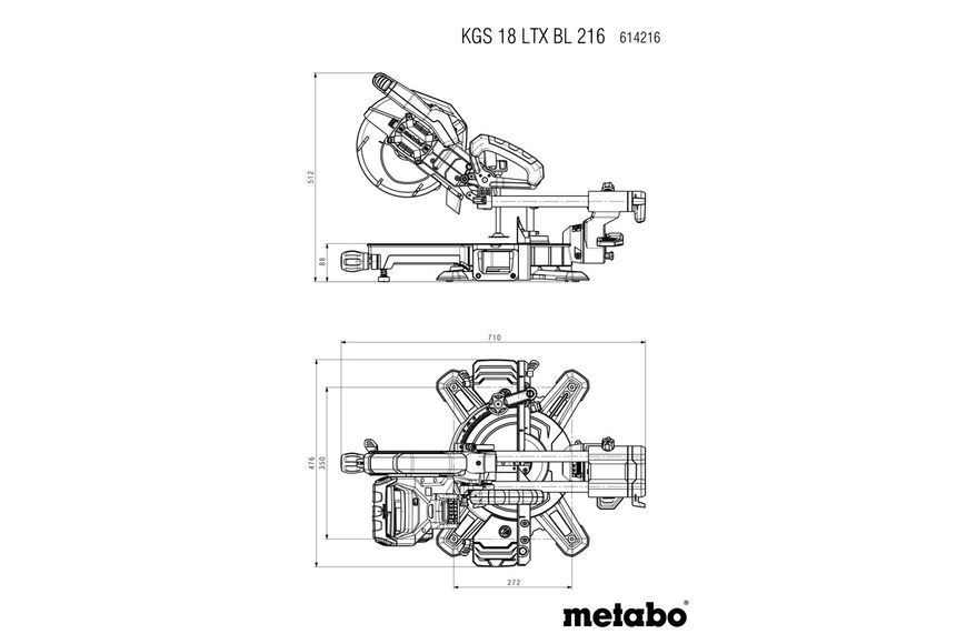 Акумуляторна торцювальна пила з протяжкою Metabo KGS 18 LTX BL 216 2х5.2 Аг 614216650 фото