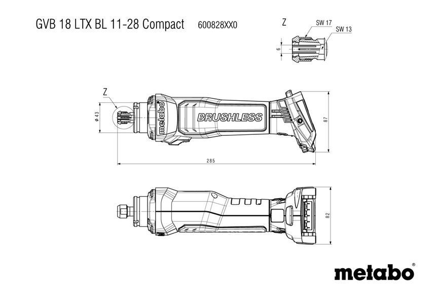 Аккумуляторная прямошлифовальная машина Metabo GVB 18 LTX BL 11-28 Compact каркас 600828850 фото