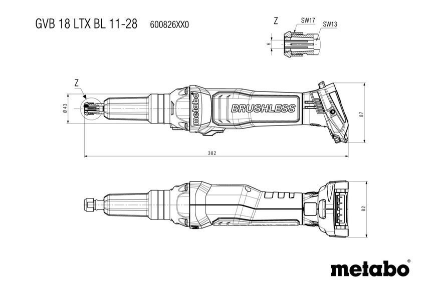 Акумуляторна прямошліфувальна машина Metabo GVB 18 LTX BL 11-28 каркас 600826850 фото
